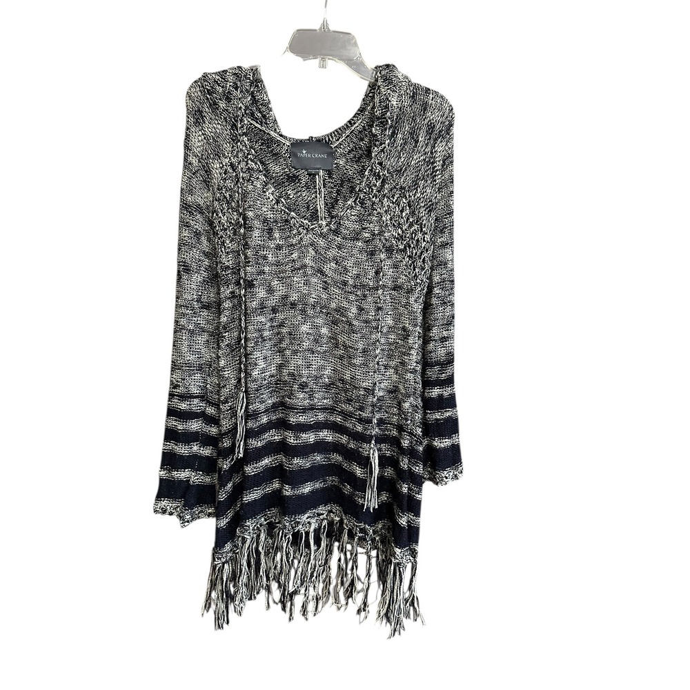 Paper Crane Anthropologie Navy White Striped Knit Sweater‎ Tunic M Fringe Hooded